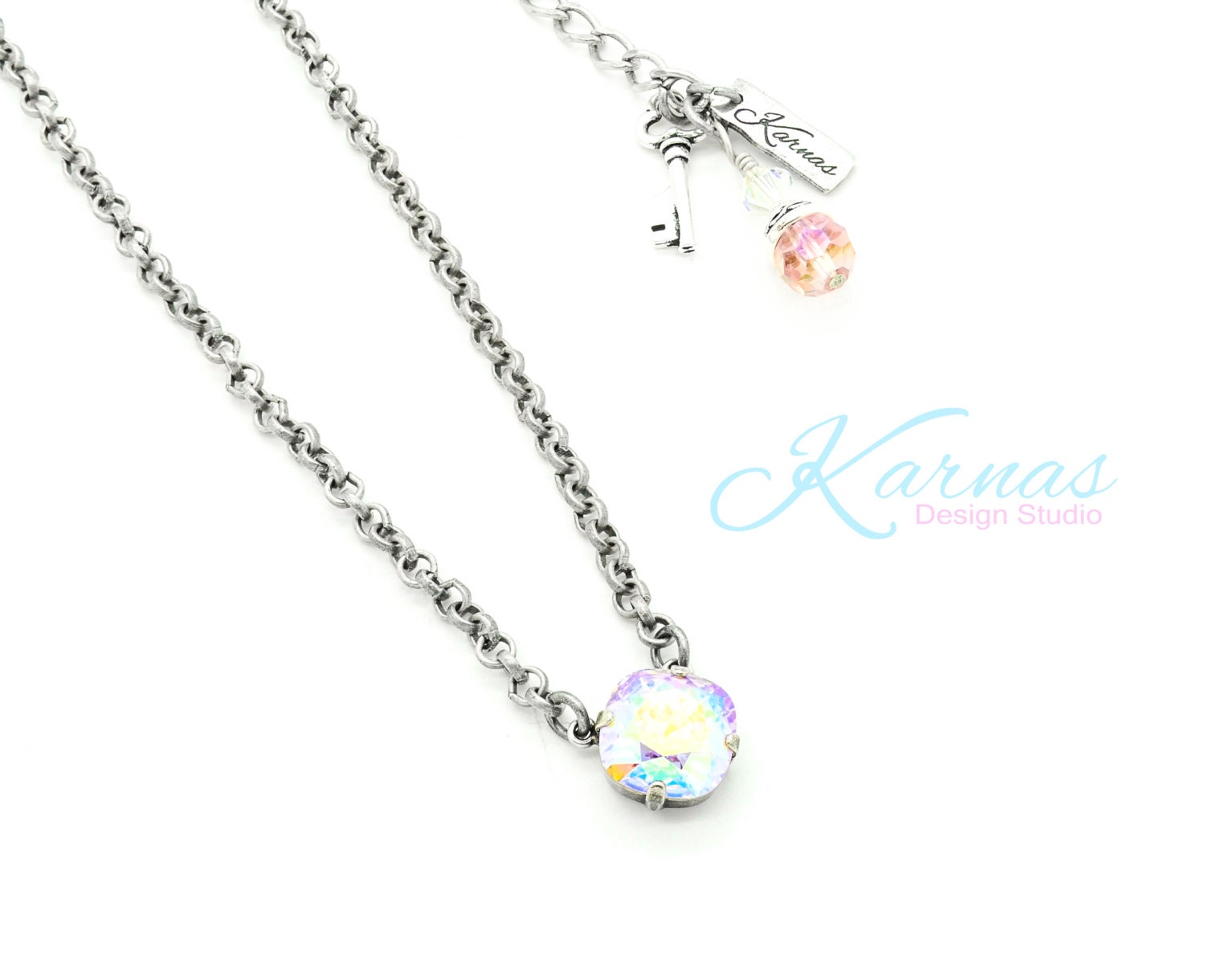 Pink Powder Puff 12mm Cushion Cut Single Stone Necklace K.d.s. Premium Crystal Choose Your Finish Karnas Design Studio Free Shipping