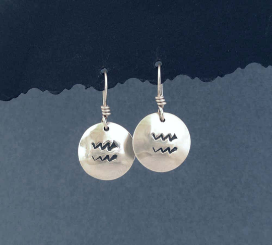 sterling Silver Aquarius Earrings Astrology Zodiac Round Dangles January February Birthday Gift