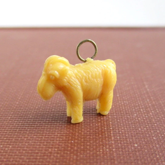 Celluloid Ram/Sheep Charm - Vintage 3D, Yellow Color with Metal Top Loop