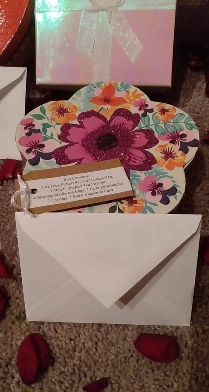 Gift Box 2 Herbal Tea Blends, Heart Shaped Strainer, Bags, Crystals, Candles, Sachet W/Rose Petals+Blank Hallmark Card - Gift Set
