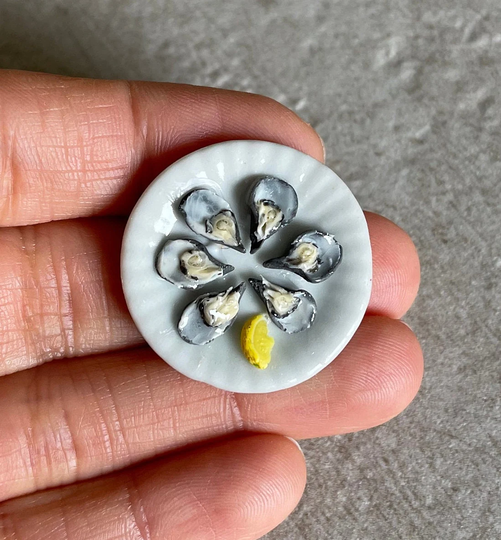 Miniature Dollhouse Plate Of Oysters With Lemon Wedge in 112 Scale One Inch Seafood