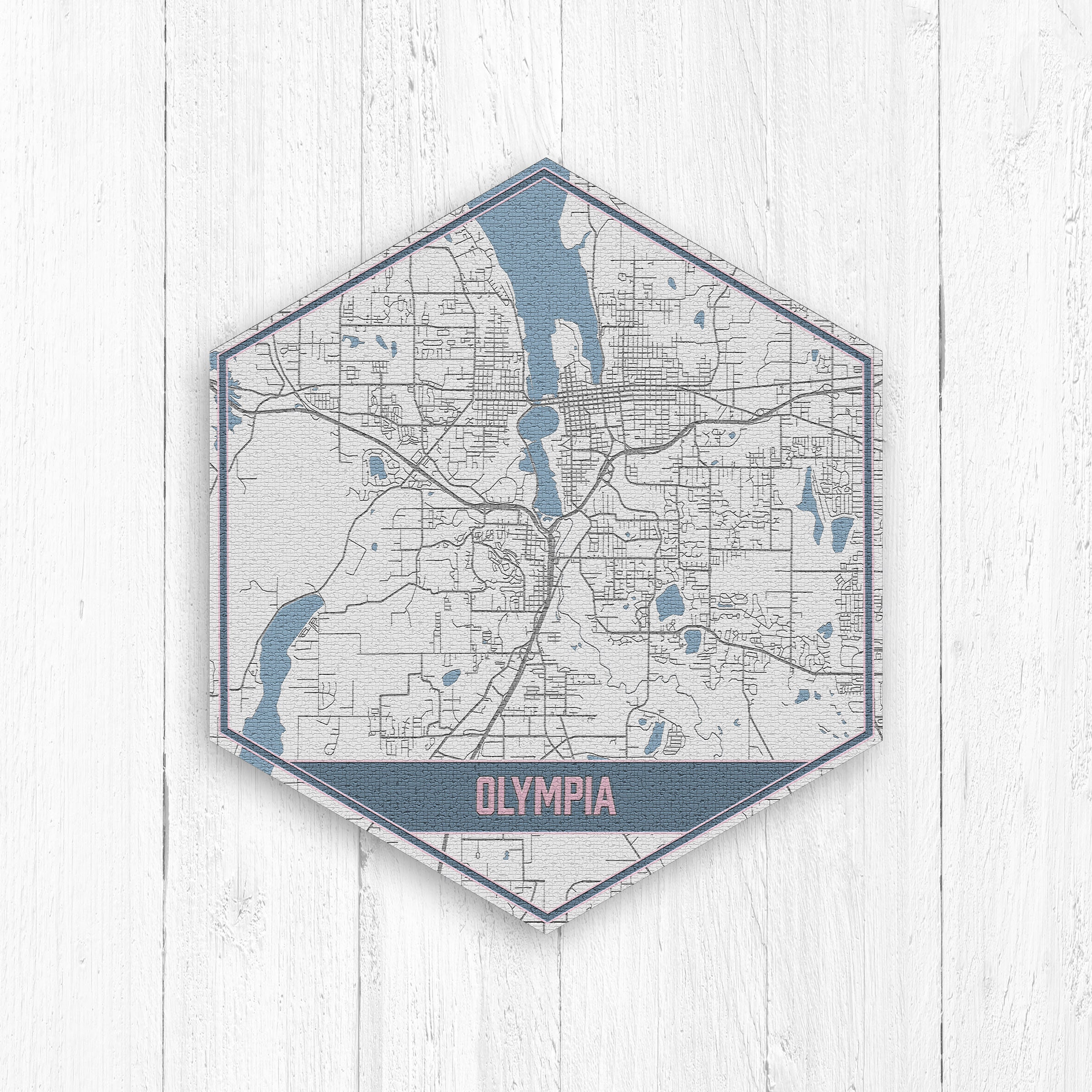 Olympia Washington Street Map, Hexagon, Gray & Blue Print, Hexagon Canvas Map