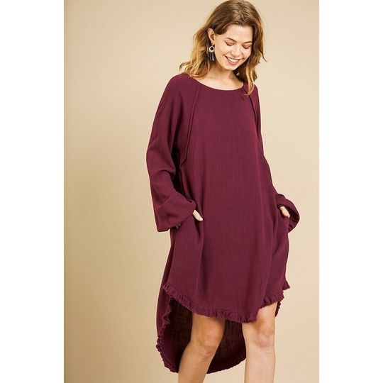 Linen Blend Long Puff Sleeve Round Neck High Low Dress - Maroon, M - medium red