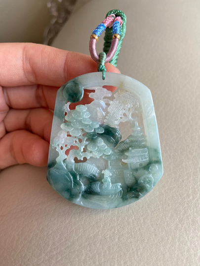 Carved Landscape Jadeite Jade Pendant, Light Green, Bridge Mountain Tree, Natural Type A Grade Jade, Burmese Gemstone, Necklace