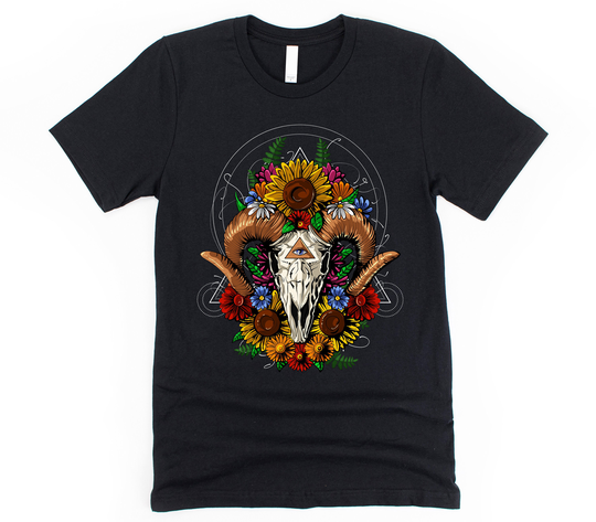 Floral Goat Skull Shirt - Psychedelic Ram Forest Sunflowers Tee Esoteric Spiritual Boho Clothes Hippie Festival Clothing