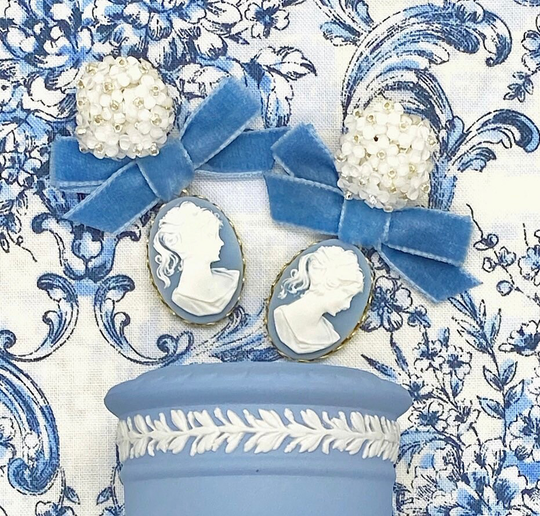Bow Earrings/Cameo Earrings/Blue Cameo Earrings/Ribbon Earrings/Floral Earrings/Gift For Her/Blue Her