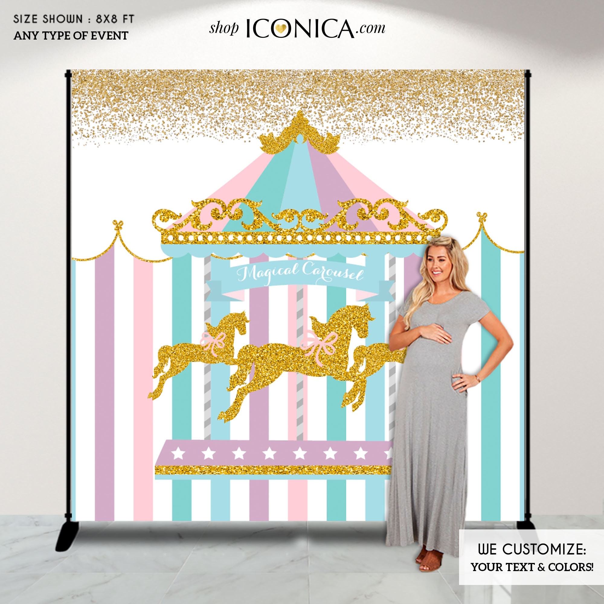 Carousel Party Backdrop First Birthday Any Age Wording Girls Baby Shower Banner Circus Pastel Colors Printed Or Printable Bbd0004