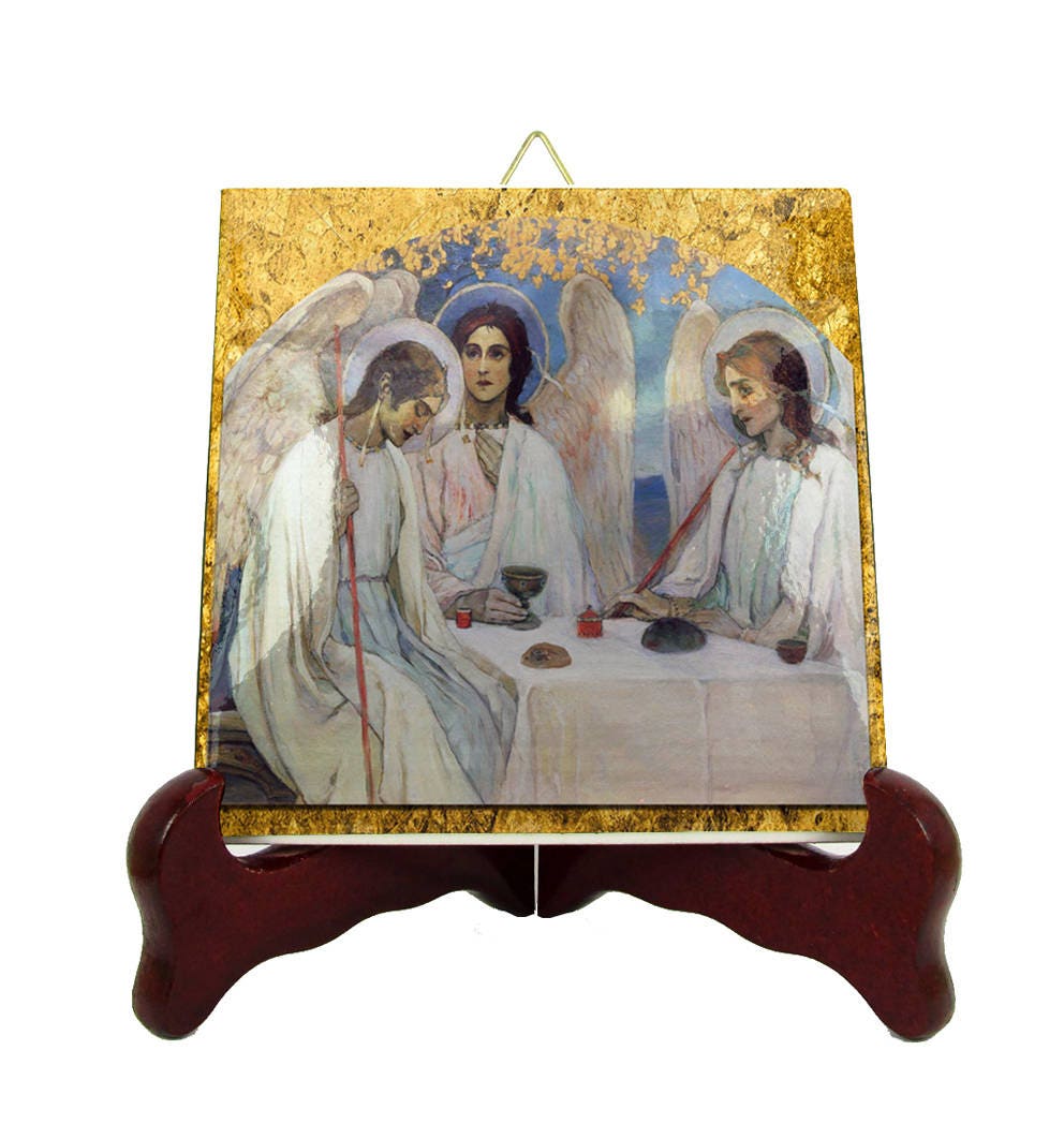 Christian Art - The Holy Trinity Icon On Tile Handmade Religious Icons Three Angels Nesterov