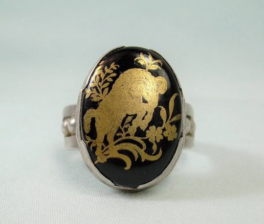 sterling Aries The Ram Ring-Vintage 925 Silver-Black Glass Gold Silhouette-Zodiac Horoscope-March April Birthdays Birth Sign-Fire Element