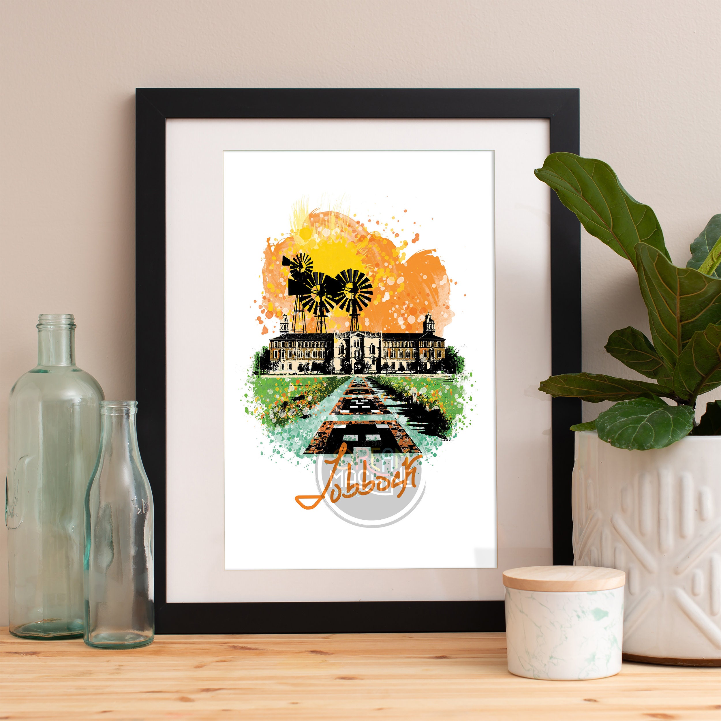 Lubbock Print, Skyline, Art, Poster, Watercolor, Art Map, Wall
