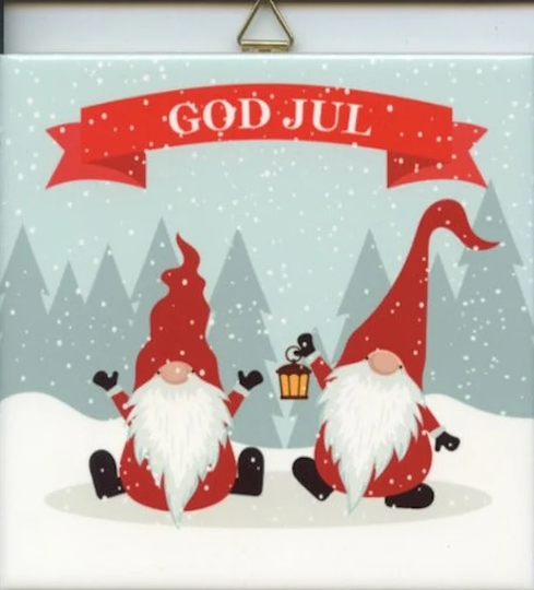 Swedish Norwegian Danish God Jul Gnomes Tomtar Ceramic Tile ~ Trivet Hot Pad #806
