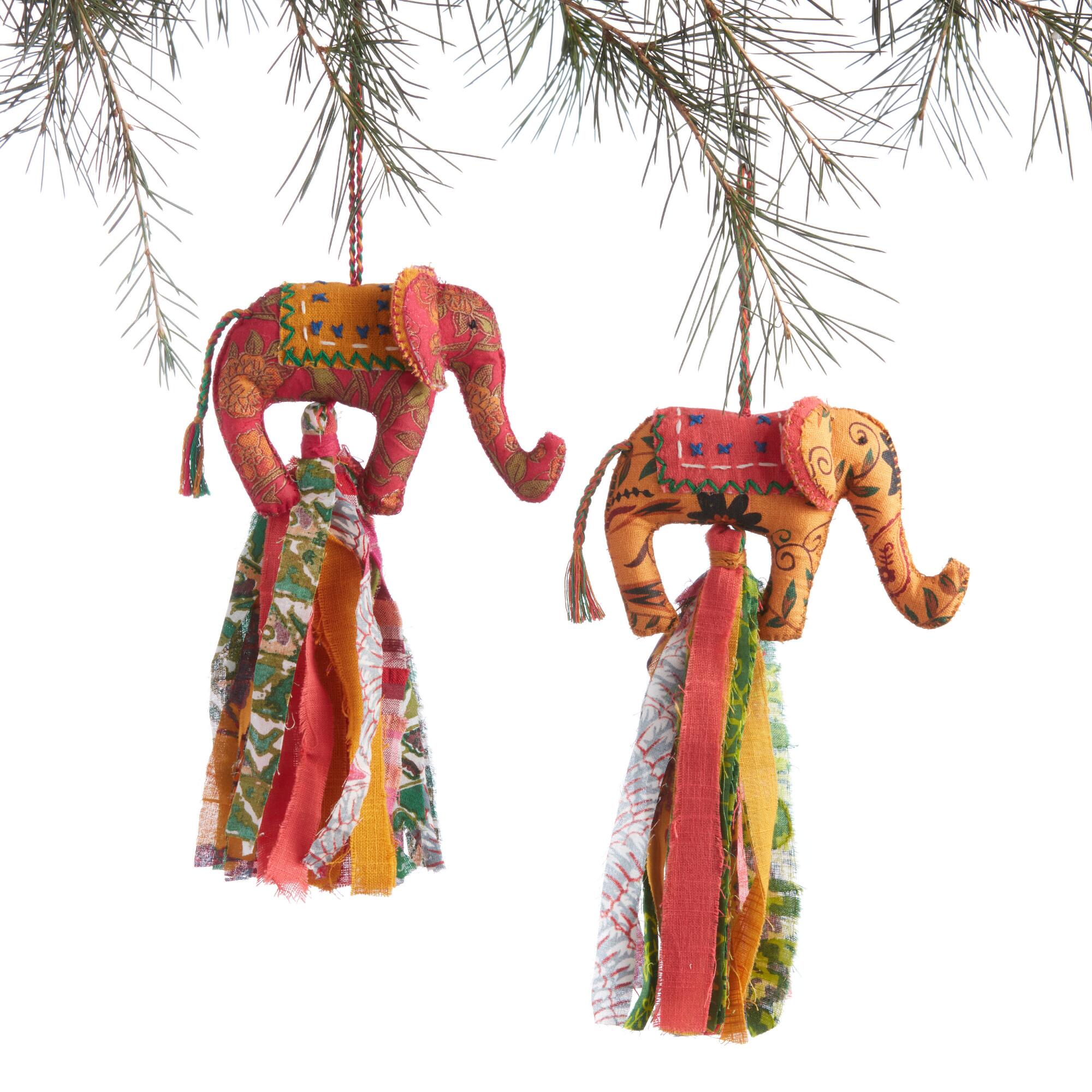 Recycled Fabric Elephant with Tassel Ornaments Set of 2: Multi by World Market