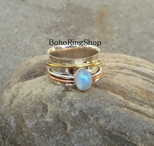 Moonstone Ring, Statement Bohemian Spinner Anxiety Fidget 925 Silver Women Gift For Her