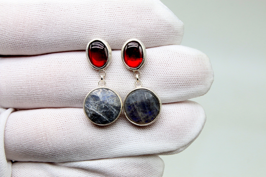 Labradorite & Ruby Sterling Silver Earrings, Round Silver, Labradorite, Stud Earrings