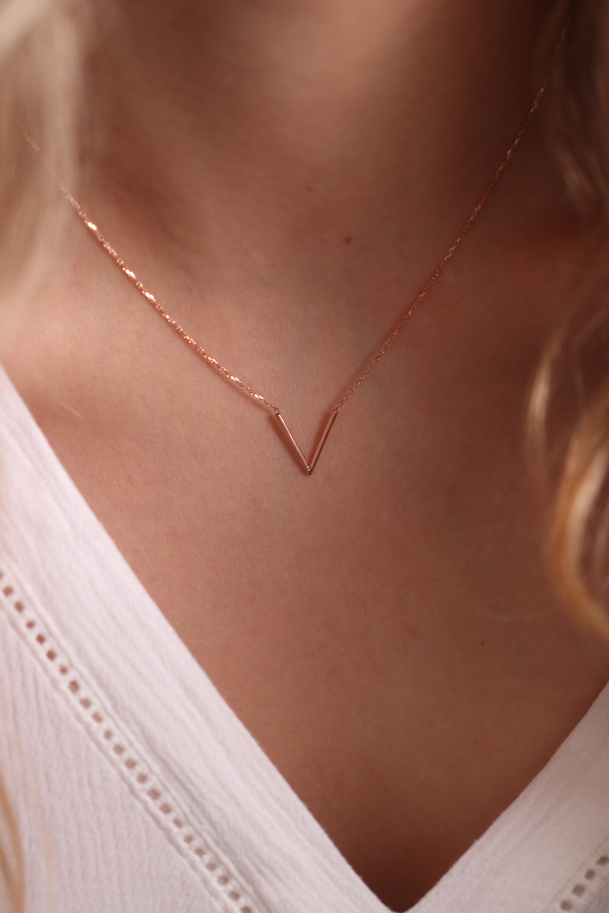 14K & 18K Gold V Necklace/Handmade Chevron Available in Gold, Rose & White