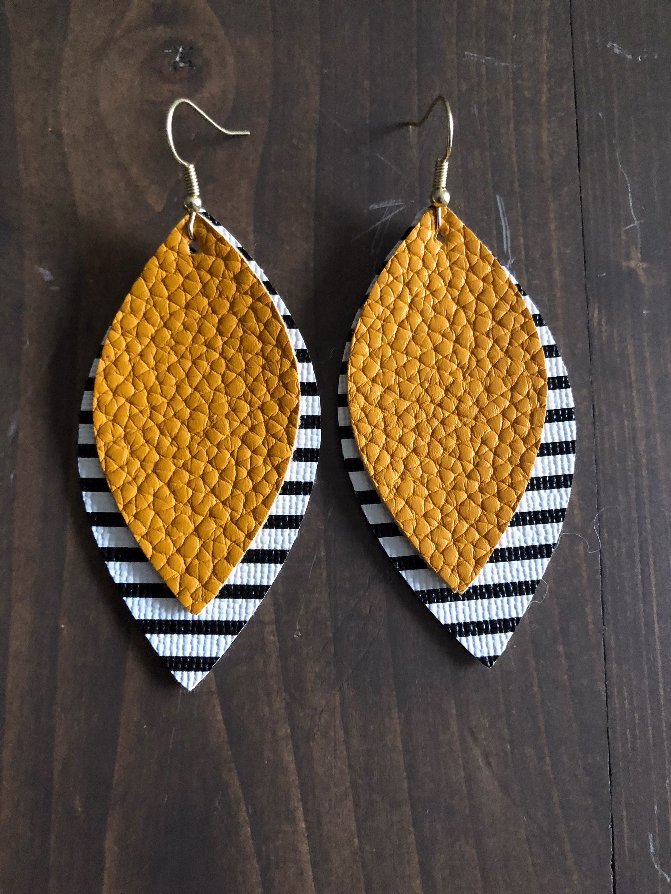 Mustard Yellow With Black & White Striped Layered Faux Leather Leaf Earring