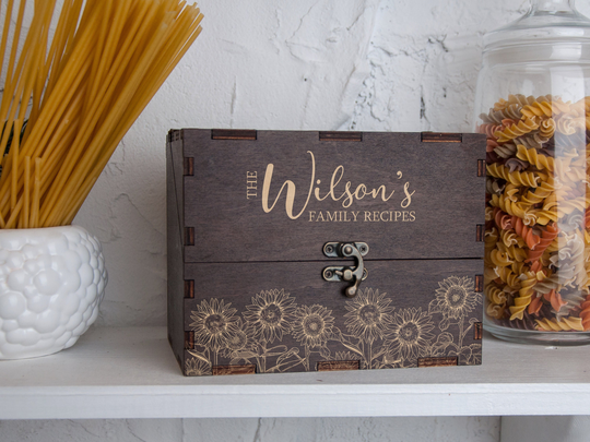 Customized Recipe Box For Bridal Shower Engraved Sunflowers Card 4x6 With Dividers & Cards Personalized Wedding Gift From Mom