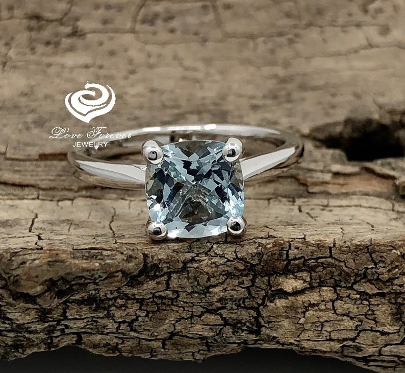 14K White Gold Engagement Ring Aquamarine 7mm Cushion Cut Dark Blue Solitaire Anniversary Wedding
