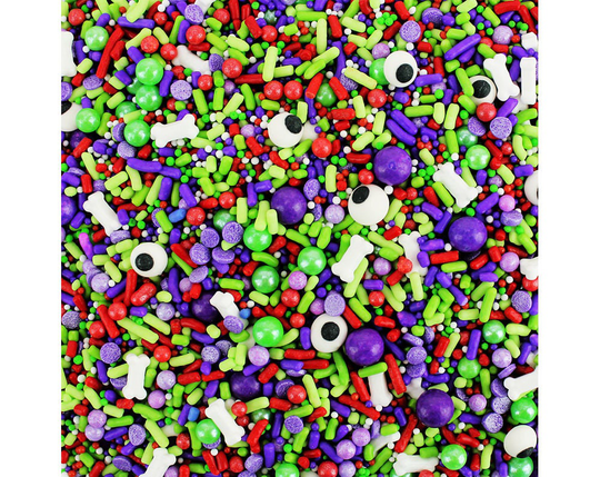 Zombie Sprinkle Blend - Mix Of Jimmies, Non-Pareils, Dots, Pearls, Bones & Eyeballs in Purple, Red, Green White