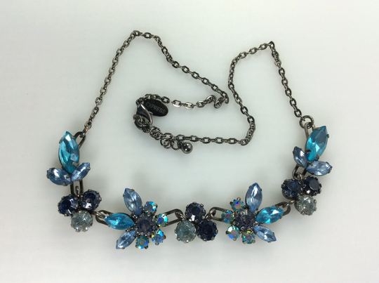 Vintage Express 16"-17" Necklace Oxidized Floral Design With Blue Rhinestones Used