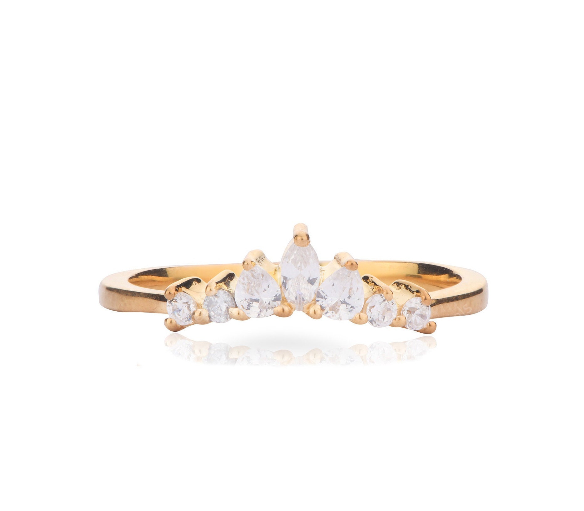 Curved Cz Diamond Wedding Ring Band 14K Yellow Gold 925 Sterling Silver Chevron Art Deco Stackable Matching Anniversary Gift For Her