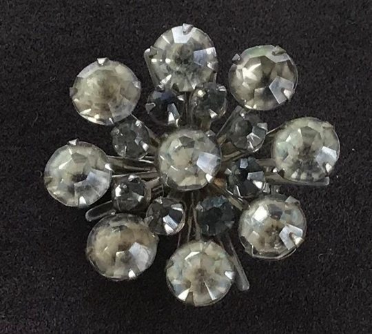 Gray, Black Rhinestone Floral Brooch, Pin, Silver Tone, Vintage | H13