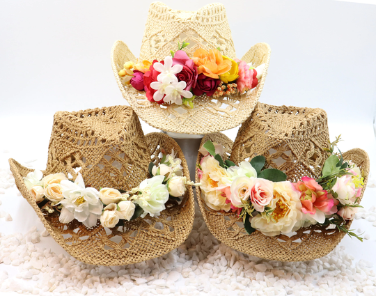 Blooms - Designer Bouquet Flower Blends On Natural Cowboy Hat Shapeable 100% Cotton Straw Outdoor Sturdy Box