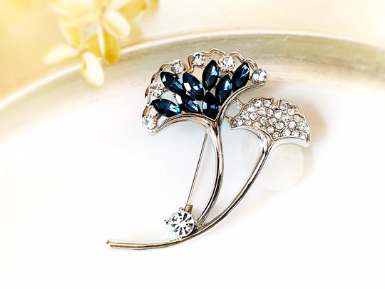 Sapphire Gingo Flower Brooch Pin, Double Ginkgo Crystal Brooch, Mother Child Gift For Mother, Her