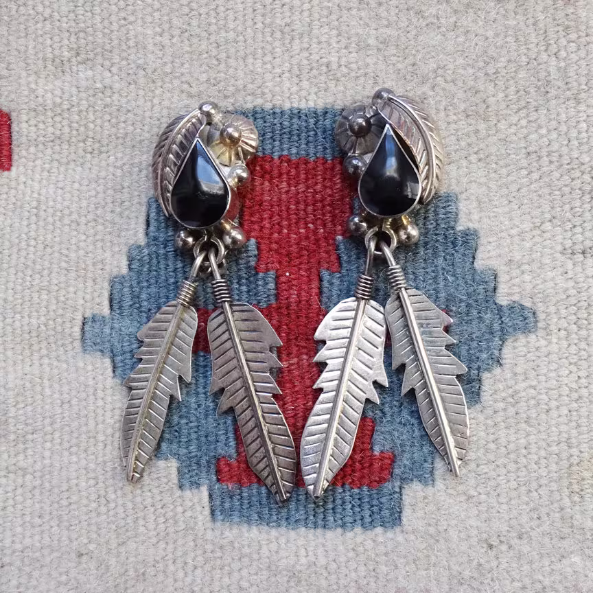 Vintage Tr-79 Taxco Mexico Long Pierced Earrings Black Onyx + Sterling Silver Feather Dangle