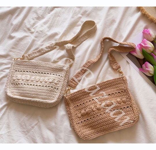 Retro Artsy Cotton Knitted Shoulder Bag, Hand Woven, Fashion Casual Gift For Her, Women's Crochet Handmade Bag