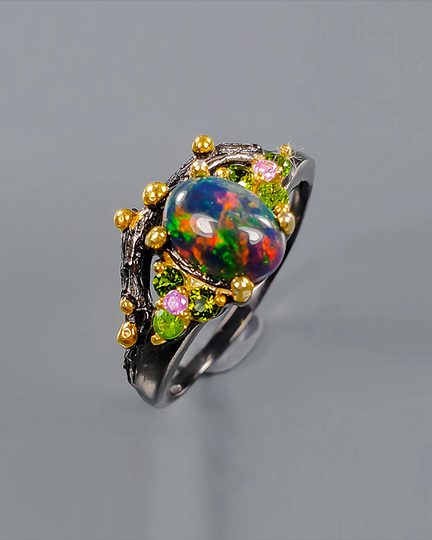 Black Opal Ring For Women Tiny Nature Inspired Oval Gemstone Silver Gift Mom Her Wife Sister October Birthstone Statement Anniversary