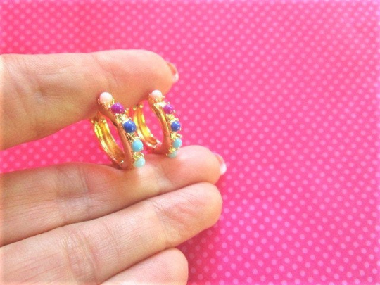 Rainbow Bead Gold Reversible Huggie Hoops