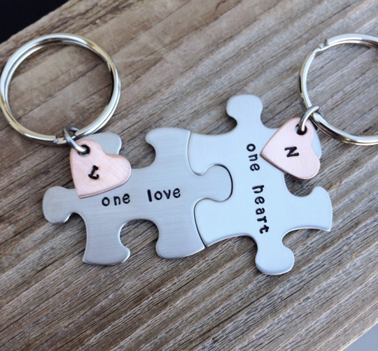 Puzzle Pieces Hand Stamped Keychain Set His & Her One Love Heart