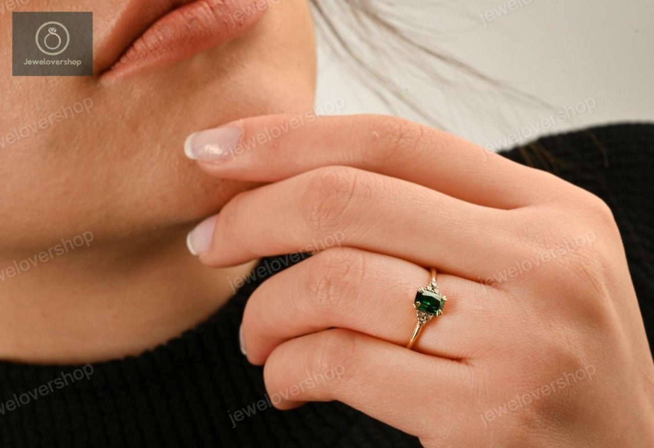 Natural Emerald Ring, Wedding Stacking 14K Gold Dainty Birthstone Cut Ring