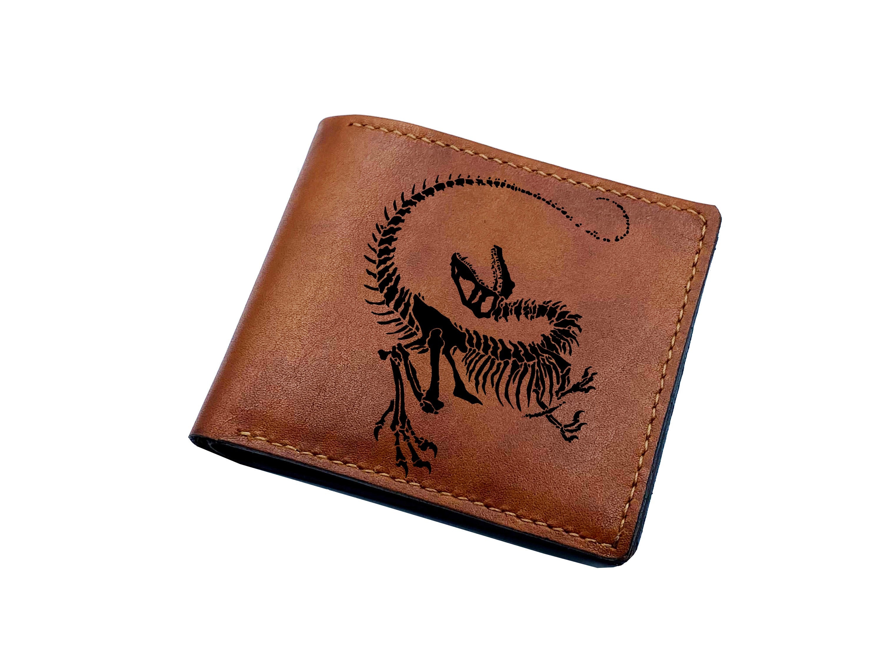 Velociraptor Custom Leather Men's Wallet, Dinosaur Skeleton Gift For Men, Anniversary Present Dad, Husband, Brother