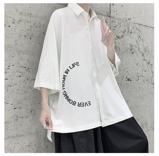 Men Typography Print Button Shirt, Korean Designer Minimalist Collared Shirt, Long Sleeves Casual/Formal Wear, Black Gray/ White
