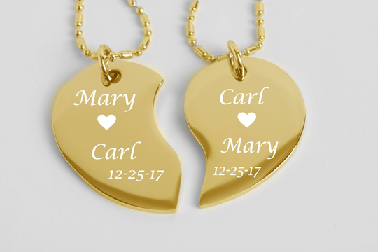 Personalized Broken Heart, Couples Jewelry, Gold Split Tear Drop Heart Necklace Engraved Free, His & Hers Necklace
