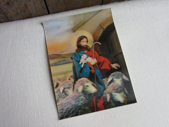Vintage Holographic Jesus Christ Postcard, Jesus, Lambs, Sheep, Shepherd Religious Christian, 3D 3-D