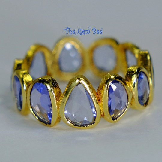 18K Solid Yellow Gold Blue Sapphire Free-Form Rose Cut Slices Eternity Ring Size 8