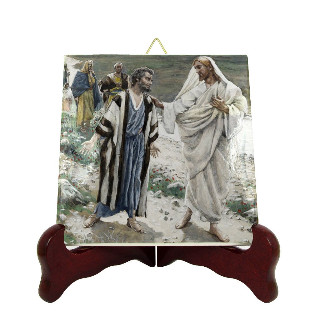 Jesus & St Peter - Feed My Lambs Religious Icon On Ceramic Tile James Tissot Catholic Gifts Christian