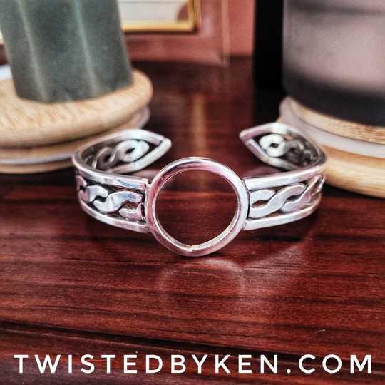 sterling Silver Cuff Bracelet, Twisted, Framed, Circular Focal, Sized 8-9, 1/2In Wide, Hefty, Handmade From 8Ga Wire, Tbk037