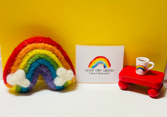 Dollhouse Miniature Rainbow Decor, Felt Rainbow, Cup Of Coffee Or Chasing Rainbows Sign