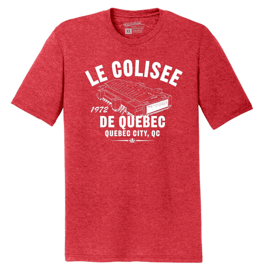 Le Colisee 1972 Hockey Premium Tri-Blend Tee Shirt - Past Home Of Your Quebec Nordiques Red Heather