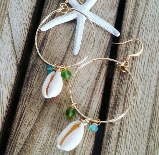 Cowrie Hoops| Cowry Hoop Earrings| Medium Gold Jewelry| Shell Jewelry | Sea Glass Earring With