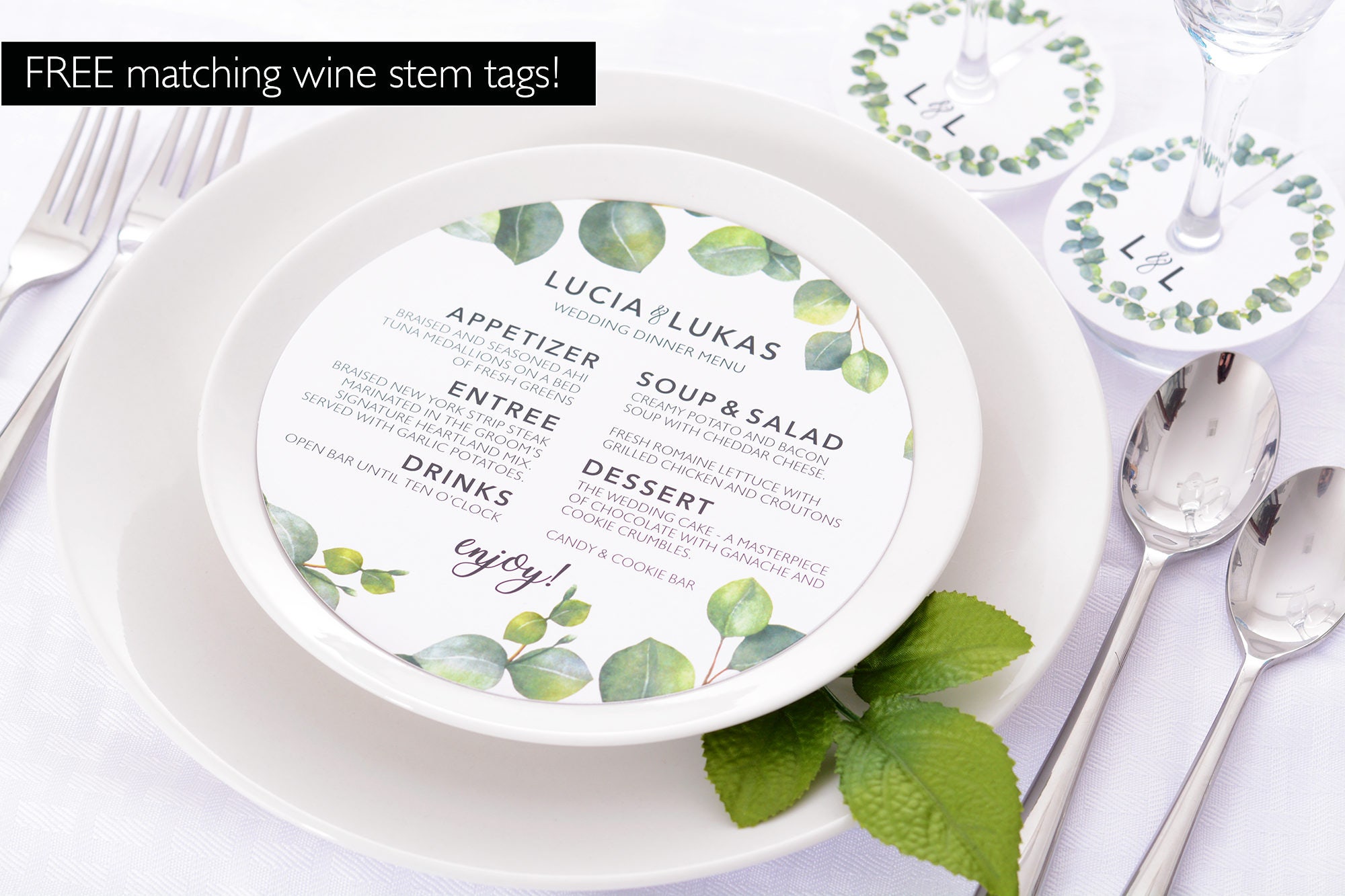 Round Wedding Menus - Plate Free Matching Wine Glass Tags 6.5 Personalized Menu Dinner #wdim-272