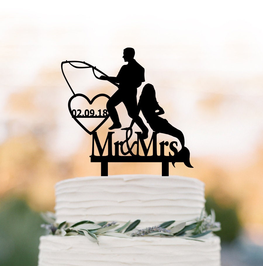 Wedding Cake Topper Fishing, Mermaid Wedding Topper, Mr & Mrs Fisherman With Custom Date