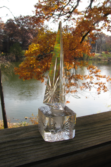 Antique Art Deco Cut Crystal Perfume Bottle, Decorative Vanity Accessory, Striking Empire Three Sided Spike Topper, Snowflakes, Czech?, 8"