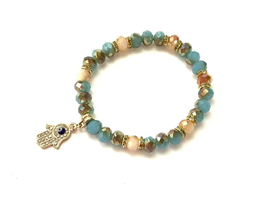 Light Blue Evil Eye Hamsa Hand Protection Beaded Stretchy Bracelet