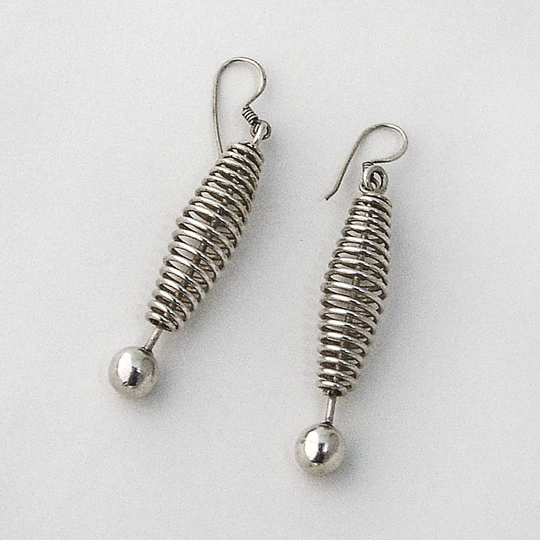 Long Dangle Spring Earrings Ball Finials Sterling Silver