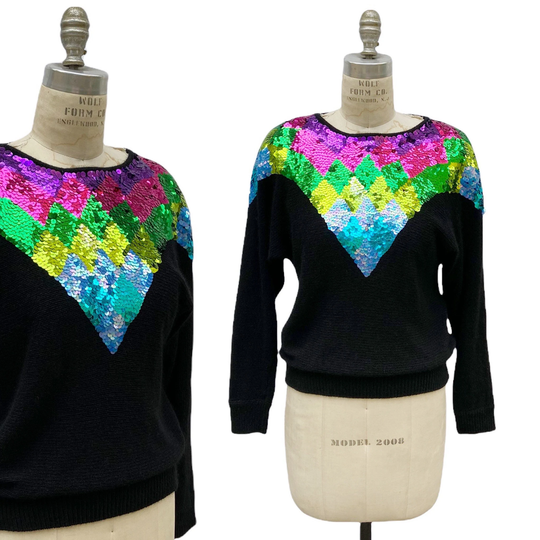 Vintage 90S Black Angora Blend Colorful Sequin Pullover Sweater Shoulder Pads Womens Size Medium